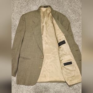 Oscar De La Renta $750 100% Wool Checkered Blazer Size 41R Beige Brown